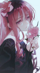 Rule 34 | 1girl, andi 1021, blush, closed mouth, fingernails, flower, gradient background, hair between eyes, hair flower, hair ornament, holding, holding flower, korean commentary, long hair, looking at viewer, original, pink eyes, pink flower, pink rose, rose, sidelocks, simple background, solo