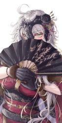 Rule 34 | 1girl, ahoge, black flower, black skirt, bracelet, fan over face, fate/grand order, fate (series), flower, fur-trimmed gloves, fur trim, gloves, hair between eyes, hair flower, hair ornament, hand fan, headpiece, holding, holding fan, japanese clothes, jeanne d&#039;arc (fate), jeanne d&#039;arc alter (avenger) (fate), jeanne d&#039;arc alter (fate), jewelry, kimono, long hair, looking at viewer, red kimono, ru 251, silver hair, simple background, skirt, solo, very long hair, white background, yellow eyes