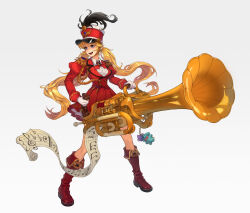 Rule 34 | 1girl, absurdres, band uniform, blonde hair, boots, brown footwear, gun, highres, holding, holding instrument, instrument, juliet sleeves, long hair, long sleeves, machine gun, open mouth, original, pleated skirt, puffy sleeves, red skirt, red uniform, sauna posa, skirt, smile, solo, standing, twintails, very long hair, weapon, wide shot