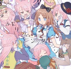Rule 34 | alice (alice in wonderland), alice (alice in wonderland) (cosplay), alice in wonderland, animal ears, apron, aqua hat, armlet, artist request, bang dream!, bang dream! it&#039;s mygo!!!!!, black bow, black hat, blue dress, blue eyes, blue vest, bow, bowtie, breasts, brown pants, cat ears, cat girl, cat tail, chihaya anon, closed eyes, collared shirt, commentary request, commission, cosplay, dress, dress shirt, fang, gloves, grey eyes, grey jacket, hair bow, half up braid, hat, highres, holding hands, jacket, juliet sleeves, long hair, long sleeves, medium breasts, monocle, nagasaki soyo, open mouth, pants, pink hair, puffy short sleeves, puffy sleeves, red bow, red bowtie, second-party source, shirt, short sleeves, sidelocks, tail, translation request, vest, whispering, white apron, white gloves, white shirt, yellow gloves, yuri