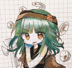 Rule 34 | androgynous, blunt bangs, brown headband, brown shirt, brown sleeves, chuqi1030, commentary request, detached sleeves, frilled sleeves, frills, graph paper, green hair, headband, len&#039;en, medium hair, no nose, open mouth, orange eyes, other focus, para (len&#039;en), shirt, single detached sleeve, solo, traditional media, upper body