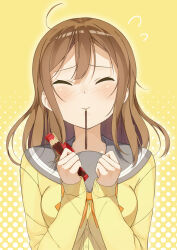 Rule 34 | 1girl, blush, brown hair, cardigan, clenched hands, closed eyes, commentary request, food, food in mouth, grey sailor collar, highres, kunikida hanamaru, love live!, love live! sunshine!!, medium hair, pocky, pocky in mouth, sailor collar, solo, tsubure manjuu, upper body, yellow cardigan
