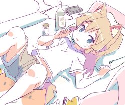 Rule 34 | 1girl, animal ear fluff, animal ears, blue eyes, blush, bottle, brown hair, brown shorts, commentary request, crushed can, feet out of frame, hair between eyes, highres, looking at viewer, lying, navel, on back, original, parted lips, roku no hito, shirt, short sleeves, shorts, solo, sweat, tail, white shirt