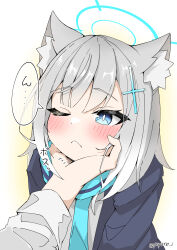 Rule 34 | 1girl, 1other, absurdres, animal ear fluff, animal ears, blue archive, blue eyes, blue halo, blue jacket, blue scarf, blush, bright pupils, closed mouth, commentary request, cross hair ornament, grey hair, hair ornament, halo, hand on another&#039;s cheek, hand on another&#039;s face, highres, jacket, long sleeves, medium hair, mismatched pupils, one eye closed, payano i, scarf, shiroko (blue archive), shirt, simple background, solo, solo focus, upper body, white pupils, white shirt, wolf ears