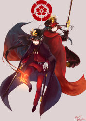 Rule 34 | &gt;:d, 1boy, 1girl, :d, artist name, back-to-back, beige background, black hair, cloak, closed mouth, crest, dated, family crest, fate/grand order, fate (series), fire, floating hair, gun, hair between eyes, hat, highres, holding, holding gun, holding weapon, jazztaki, koha-ace, long hair, looking at viewer, military, military hat, military uniform, musket, oda nobukatsu (fate), oda nobunaga (fate), oda nobunaga (koha-ace), open mouth, pants, peaked cap, red eyes, siblings, signature, simple background, smile, teeth, uniform, v-shaped eyebrows, very long hair, weapon