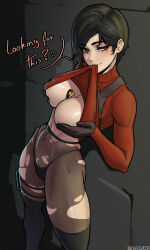 Rule 34 | 1girl, absurdres, ada wong, between breasts, black gloves, black hair, black panties, breasts, covered erect nipples, gloves, highres, large breasts, long sleeves, looking at viewer, mouth hold, panties, pantyhose, resident evil, resident evil 2, resident evil 2 (remake), resident evil 4, short hair, solo, stopu, sweater, thighhighs, torn clothes, torn pantyhose, turtleneck, turtleneck sweater, underwear