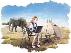 Rule 34 | 1girl, ahoge, animal, artist request, azur lane, blonde hair, chewing gum, columbia (across the vast prairies) (azur lane), columbia (azur lane), computer, elephant, eyewear on head, grasslands, highres, jacket, jewelry, laptop, long hair, necklace, official alternate costume, official art, outdoors, red eyes, sitting, sunglasses, telescope, tent, transparent background, white footwear