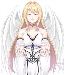 Rule 34 | 1girl, absurdres, angel, angel wings, bare shoulders, blonde hair, bulge, choker, collarbone, commentary, detached sleeves, dinosaurus (azimangasaurus), dress, english commentary, existence, closed eyes, facing viewer, feathered wings, game cg, gem, highres, male-female symbol, open hands, open mouth, outstretched arms, rhea (existence), sideless outfit, sidelocks, simple background, solo, standing, white background, white dress, white sleeves, white wings, wings