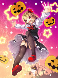 Rule 34 | 1girl, :d, ascot, black panties, black skirt, black thighhighs, black vest, blonde hair, blush stickers, chima q, cross, fang, flying, full body, garter belt, garter straps, ghost, hair ribbon, halloween, highres, jack-o&#039;-lantern, juliet sleeves, lantern, long sleeves, looking down, mary janes, open mouth, outstretched arms, panties, pantyshot, petticoat, puffy sleeves, red eyes, red footwear, red ribbon, ribbon, rumia, shoes, short hair, skirt, skirt set, smile, solo, star (symbol), thighhighs, tombstone, touhou, underwear, vest