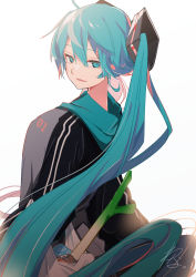 Rule 34 | 1girl, absurdly long hair, aqua eyes, aqua hair, bag, bloom, commentary, from behind, grocery bag, half-closed eyes, hatsune miku, highres, holding, holding bag, hood, hoodie, light smile, long hair, looking at viewer, looking back, number print, parted lips, plastic bag, shopping bag, signature, solo, spring onion, tsurime, twintails, upper body, very long hair, vocaloid, wanaxtuco, white background