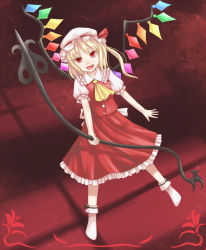 Rule 34 | 1girl, :d, bad id, bad pixiv id, blonde hair, fang, female focus, flandre scarlet, hat, laevatein, open mouth, polearm, red eyes, short hair, smile, solo, spear, touhou, weapon, window shadow, wings, yuyuzuki (yume usagi)