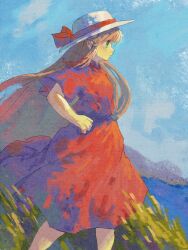 Rule 34 | 1girl, blue sky, brown hair, closed mouth, commentary, day, dress, feet out of frame, from side, ge dazuo, green eyes, hand on own hip, hat, hat ribbon, highres, long hair, original, outdoors, profile, red dress, red ribbon, ribbon, short sleeves, sky, solo, standing, very long hair, white hat