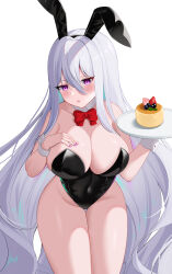 Rule 34 | 1girl, absurdres, animal ears, azur lane, blueberry, blush, bow, breasts, covered navel, cuffs, food, fruit, hair between eyes, hand on own chest, highres, kearsarge (azur lane), large breasts, leotard, long hair, pastry, pink eyes, pink nails, plate, playboy bunny, rabbit ears, red bow, simple background, solo, strawberry, very long hair, white background, white hair, white wrist cuffs, wrist cuffs, yami (darknight449)
