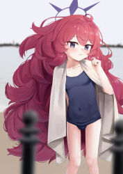 Rule 34 | 1girl, absurdres, ahoge, beach, black one-piece swimsuit, blue archive, blurry, blurry background, blurry foreground, blush, breasts, closed mouth, collarbone, feet out of frame, grey eyes, hair between eyes, halo, highres, iroha (blue archive), light smile, long hair, ocean, one-piece swimsuit, outdoors, purple halo, red hair, small breasts, solo, swimsuit, tombox