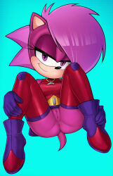 Rule 34 | 1girl, animal nose, anus, aqua background, blush, boots, breasts, female focus, gloves, gluteal fold, half-closed eyes, hands on own legs, hedgehog ears, hedgehog girl, hedgehog tail, highres, loodncrood, m legs, medium breasts, purple eyes, purple footwear, purple gloves, purple hair, pussy, red thighhighs, smile, snout, solo, sonia the hedgehog, sonic (series), sonic underground, swept bangs, thighhighs, thighs, uncensored