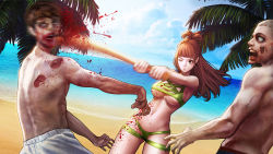 Rule 34 | 1girl, 2boys, bare arms, bare shoulders, baseball bat, beach, bikini, blonde hair, blood, blood splatter, blue sky, blunt bangs, blurry, breasts, brown eyes, brown hair, cloud, cloudy sky, commentary, cowboy shot, day, deep wound, dutch angle, empty eyes, green bikini, highres, hitting, holding, holding baseball bat, in the face, injury, jungon kim, long hair, meme attire, motion blur, multiple boys, navel, no pupils, ocean, one eye closed, open mouth, outdoors, palm tree, parted lips, pink lips, ponytail, sand, shore, sky, solo focus, standing, surprised, sweatdrop, swimsuit, topless, tree, underboob, zombie