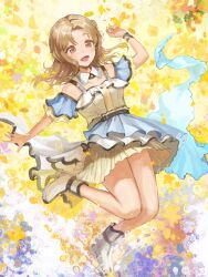 Rule 34 | 1girl, abstract background, absurdres, boots, brown hair, commentary request, hai bokusha, hair bun, high heel boots, high heels, highres, ichikawa hinana, idolmaster, idolmaster shiny colors, knee up, layered skirt, long hair, looking away, miniskirt, multicolored background, off shoulder, pleated skirt, single hair bun, single side bun, skirt, solo