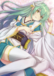 Rule 34 | 1girl, aqua hair, dragon horns, fate/grand order, fate (series), hair ornament, hand on own chest, highres, horns, japanese clothes, kimono, kiyohime (fate), long hair, looking at viewer, lying, obi, on back, open mouth, petals, sash, smile, solo, thighhighs, totika, white thighhighs, yellow eyes