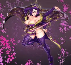 Rule 34 | 1girl, animal print, arm up, armpits, black panties, borrowed character, breasts, cleavage, extra arms, hand on own hip, high heels, highres, japanese clothes, katana, kimono, lady onikumo, large breasts, monster girl, nikichen, original, panties, platform clogs, purple thighhighs, smile, solo, spider print, sword, thick eyebrows, thick thighs, thighhighs, thighs, underwear, weapon
