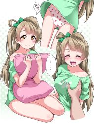 Rule 34 | ..., 1girl, bare legs, barefoot, blush, bow, grabbing another&#039;s breast, breasts, closed eyes, collarbone, food print, grabbing, green bow, green shirt, hair bow, halftone, kanji, large breasts, light brown hair, long hair, love live!, love live! school idol project, minami kotori, multiple views, no pants, hugging object, off-shoulder shirt, off shoulder, open mouth, panties, pantyshot, paw print, pillow, pillow hug, polka dot, polka dot background, print panties, shirt, sitting, smile, solo focus, strawberry panties, strawberry print, underwear, yellow eyes, yopparai oni