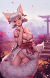Rule 34 | 1girl, animal ears, bell, bow, bracelet, breasts, breasts out, cleft of venus, cowboy shot, crush crush, facial mark, falling petals, fingernails, fox ears, fox girl, fox tail, hair bell, hair ornament, head tilt, highres, japanese clothes, jewelry, jingle bell, kimono, looking at viewer, medium breasts, medium hair, nail polish, nipples, off shoulder, orange eyes, parted lips, personal ami, petals, pussy, red bow, short kimono, signature, smile, solo, stairs, standing, suzu (crush crush), tail, torii, uncensored, whisker markings, white hair, white nails