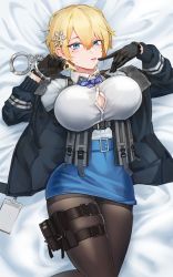 Rule 34 | 1girl, bad id, bad pixiv id, bed sheet, belt, black gloves, black jacket, black pantyhose, blonde hair, blue eyes, blue neckwear, blue skirt, blush, breasts, button gap, cleavage, collared shirt, commentary, cuffs, dano, finger to mouth, from above, girls&#039; frontline, gloves, hair between eyes, hair ornament, handcuffs, highres, holding, holster, jacket, large breasts, long sleeves, looking at viewer, lying, mole, mole under eye, on back, open clothes, open mouth, pantyhose, pencil skirt, shirt, short hair, skirt, snowflake hair ornament, solo, thigh holster, thigh strap, tongue, tongue out, vsk-94 (girls&#039; frontline), white shirt