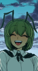 Rule 34 | 1girl, antennae, blue sky, cloud, closed eyes, green hair, open mouth, sky, smile, solo, spacezin, teeth, tongue, touhou, upper body, wriggle nightbug