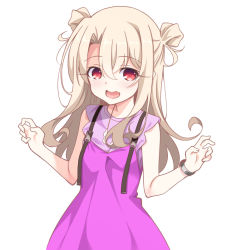 Rule 34 | 1girl, aoi masami, bare arms, bare shoulders, blush, double bun, dress, fate/kaleid liner prisma illya, fate (series), hair between eyes, hair bun, hands up, illyasviel von einzbern, light brown hair, long hair, looking at viewer, open mouth, pink dress, red eyes, simple background, sleeveless, sleeveless dress, solo, white background
