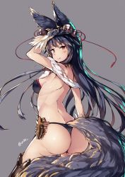 Rule 34 | 10s, 1girl, animal ears, arm up, ass, back, bell, black hair, black panties, blush, breasts, erune, fox ears, fox tail, from behind, granblue fantasy, hair bell, hair ornament, highres, jingle bell, kneeling, long hair, looking at viewer, looking back, medium breasts, orihi chihiro, panties, red eyes, sideboob, simple background, smile, solo, tail, thong, tongue, tongue out, twitter username, underwear, yuel (granblue fantasy)