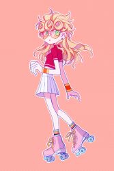 Rule 34 | 1girl, blonde hair, breasts, commentary request, cropped shirt, earrings, from side, full body, genderswap, genderswap (mtf), giorno giovanna, green eyes, heart, heart-shaped eyewear, jewelry, jojo no kimyou na bouken, looking at viewer, miniskirt, pink background, pink footwear, pleated skirt, roller skates, sempon (doppio note), simple background, skates, skirt, small breasts, solo, sunglasses, turtleneck, vento aureo, white skirt, wristband