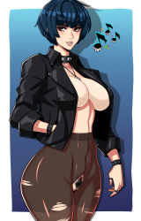 Rule 34 | 1girl, absurdres, alecto 0, black hair, black shirt, blue background, brown eyes, choker, cleft of venus, female pubic hair, high-waist pantyhose, highres, jacket, looking at viewer, naked jacket, naughty face, outside border, pantyhose, persona, persona 5, pubic hair, pussy, shirt, short hair, takemi tae, thighs, torn clothes, uncensored