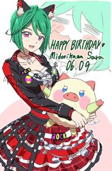 Rule 34 | 1girl, = =, animal ear fluff, animal ears, black jacket, black shirt, blush stickers, breasts, cat ears, character name, cleavage, dolldolldd, drooling, green hair, happy birthday, highres, holding, holding stuffed toy, idol clothes, jacket, jewelry, kiratto pri chan, looking at viewer, medium breasts, midorikawa sara, mouth drool, multiple views, necklace, open mouth, pink eyes, plaid, plaid skirt, pretty series, red skirt, shirt, short hair, skirt, smile, standing, stuffed animal, stuffed toy