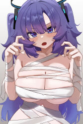 1girl absurdres bandages black_halo blue_archive blue_eyes blue_hair blush breasts cleavage commentary english_commentary fang hair_ornament halo hands_up highres large_breasts long_hair looking_at_viewer mcbox mechanical_halo mummy_costume naked_bandage open_mouth skin_fang skindentation solo triangle_hair_ornament two_side_up upper_body yuuka_(blue_archive)