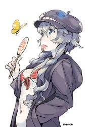 Rule 34 | 10s, 1girl, abyssal ship, bikini, blue eyes, bug, butterfly, cabbie hat, casual, colored skin, front-tie top, hand in pocket, hat, hood, hooded jacket, hoodie, insect, jacket, kantai collection, navel, nonco, red bikini, short hair with long locks, simple background, solo, striped bikini, striped clothes, swimsuit, tongue, tongue out, twitter username, white background, white hair, white skin, wo-class aircraft carrier