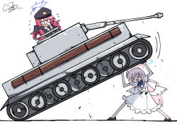 Rule 34 | &gt; &lt;, 2girls, :d, blue archive, dress, frilled dress, frills, generalcanon, highres, iroha (blue archive), long hair, mika (blue archive), military vehicle, motor vehicle, multiple girls, open mouth, pink hair, sidelocks, simple background, smile, tank, tiger i, very long hair, white background, white dress, white wings, wings, xd