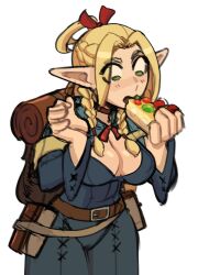 Rule 34 | 1girl, backpack, bag, blonde hair, blue capelet, blue dress, blush, bojinko, braid, breasts, capelet, cleavage, cowboy shot, dress, dungeon meshi, eating, elf, eyebrows, female focus, food, green eyes, hands up, holding, holding food, large breasts, long hair, looking down, marcille donato, pointy ears, simple background, solo, white background