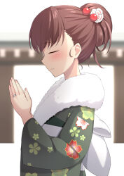 Rule 34 | 1girl, akahi242, blush, brown hair, closed eyes, closed mouth, fingernails, floral print, from side, fur-trimmed kimono, fur trim, green kimono, highres, japanese clothes, jewelry, kantai collection, kimono, long sleeves, new year, official alternate costume, ooi (kancolle), praying, print kimono, ring, solo, upper body, wedding ring, wide sleeves