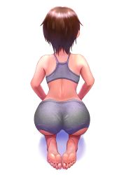 Rule 34 | 1girl, absurdres, ass, back, barefoot, bra, brown hair, dimples of venus, feet, female focus, from behind, full body, grey bra, highres, lips, nape, original, seiza, shadow, short hair, simple background, sitting, soles, sports bra, tan, tanline, thighs, toes, tomboy, underwear, uriens, white background