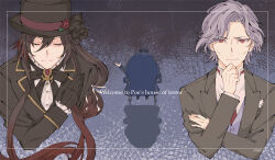 Rule 34 | 3boys, armchair, black background, black bow, black bowtie, black gloves, black headwear, black jacket, blue background, boater hat, bow, bowing, bowtie, brooch, bungou to alchemist, chair, closed eyes, closed mouth, conan doyle (bungou to alchemist), cropped torso, dress shirt, edgar allan poe (bungou to alchemist), english text, facing away, facing viewer, flower, framed, frilled shirt collar, frilled sleeves, frills, gloves, gomashio (user xenc4437), gradient hair, grey hair, grey jacket, grey vest, h. p. lovecraft (bungou to alchemist), hair between eyes, hand on own arm, hand on own chest, hand on own chin, hat, hat flower, highres, jacket, jewelry, lapels, long hair, long sleeves, looking at viewer, low-tied long hair, male focus, mature male, multicolored hair, multiple boys, necktie, notched lapels, parted bangs, pocket square, red eyes, red flower, red hair, red necktie, red rose, rose, shirt, short hair, sitting, sleeve cuffs, smile, two-tone background, vest, white shirt, wrinkled skin