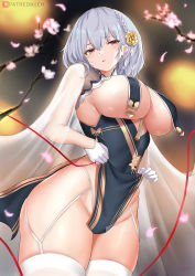 Rule 34 | azur lane, bare shoulders, blurry, blurry background, braid, branch, breast curtains, breasts, cherry blossoms, china dress, chinese clothes, cleavage, cyicheng, dress, floral print, flower, garter straps, gloves, grey dress, hair between eyes, hair flower, hair ornament, half gloves, large breasts, looking at viewer, neckwear between breasts, parted lips, pelvic curtain, red eyes, revealing clothes, see-through, short dress, short hair, side braid, sideboob, sirius (azur lane), sirius (azure horizons) (azur lane), solo, thighhighs, thighs, underboob, white gloves, white hair, white thighhighs