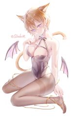 Rule 34 | 1girl, absurdres, animal ears, bare shoulders, between breasts, black leotard, black pantyhose, blonde hair, breasts, cat ears, cat girl, cat tail, cleavage, covered navel, demon wings, detached wings, ear piercing, extra ears, full body, gem, hair between eyes, hand up, head tilt, highres, large breasts, leotard, looking at viewer, nail polish, original, pantyhose, piercing, purple gemstone, purple nails, shinkuuuuu, short hair, signature, simple background, sitting, solo, tail, thighband pantyhose, toes, wariza, white background, wings