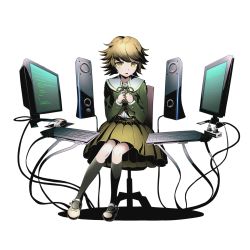 Rule 34 | 10s, 1boy, alpha transparency, black socks, brown hair, brown skirt, chair, computer, crossdressing, danganronpa: trigger happy havoc, danganronpa (series), divine gate, fujisaki chihiro, full body, green ribbon, keyboard (computer), kneehighs, knees together feet apart, looking at viewer, male focus, monitor, mouse (computer), office chair, official art, open mouth, own hands together, ribbon, school uniform, short hair, sitting, skirt, socks, solo, swivel chair, tearing up, transparent background, trap, ucmm, wire, yellow eyes