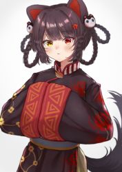 Rule 34 | 1girl, alternate costume, animal ears, black robe, braid, brown hair, cat hair ornament, chinese clothes, commentary request, dog ears, dog tail, floral print, flower, hair flower, hair ornament, hands up, heterochromia, highres, inui toko, looking at viewer, braided hair rings, multiple braids, nenehotoso, nijisanji, own hands together, parted lips, red eyes, robe, simple background, sleeve cuffs, solo, spider lily, spider lily print, tail, triangle print, tsurime, virtual youtuber, white background, wide sleeves, yellow eyes
