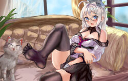 Rule 34 | 1girl, absurdres, ahoge, black skirt, black thighhighs, blue eyes, breasts, cat, cleavage, couch, glasses, gloves, grey hair, hand on own crotch, headgear, heywood l. edwards (kancolle), highres, kantai collection, long hair, medium breasts, neckerchief, off-shoulder shirt, off shoulder, om10, pleated skirt, red neckerchief, school uniform, serafuku, shirt, single glove, sitting, skirt, soles, thighhighs, white gloves, white shirt
