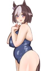Rule 34 | 1girl, :d, alternate body size, alternate breast size, alternate costume, animal ears, bare shoulders, belly, blue one-piece swimsuit, blush, bow, braid, breasts, brown hair, cowboy shot, embarrassed, female focus, hair bow, hands up, highres, horse ears, horse girl, horse tail, huansheng0716, large breasts, looking at viewer, multicolored hair, one-piece swimsuit, open mouth, plump, profile, purple eyes, school swimsuit, shiny skin, short hair, simple background, skindentation, smile, solo, special week (umamusume), sweatdrop, swimsuit, tail, thick arms, thick thighs, thighs, two-tone hair, umamusume, white background, white hair