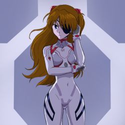 Rule 34 | 1girl, blue eyes, bodysuit, breasts, brown hair, conejologia, covered navel, cowboy shot, evangelion: 3.0+1.0 thrice upon a time, eyepatch, floating hair, gloves, hair ornament, highres, long hair, looking at viewer, medium breasts, neon genesis evangelion, one eye covered, plugsuit, rebuild of evangelion, shiny clothes, skin tight, smile, solo, souryuu asuka langley, standing, two side up, very long hair, white bodysuit, white gloves, wide hips