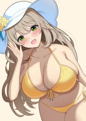 Rule 34 | 1girl, :d, absurdres, bikini, blonde hair, blue archive, blush, breasts, cleavage, collarbone, commentary request, flower hat, green hair, highres, kumomokka, large breasts, long hair, navel, nonomi (blue archive), nonomi (swimsuit) (blue archive), official alternate costume, open mouth, sidelocks, simple background, skindentation, smile, solo, swimsuit, white headwear, yellow background, yellow bikini