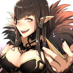 Rule 34 | 1girl, :d, alcoholrang, black bridal gauntlets, black dress, black fur, black hair, blunt bangs, blush, breasts, bridal gauntlets, cleavage, collarbone, dated, detached collar, dress, ear blush, eyelashes, fate/apocrypha, fate (series), fingernails, frilled bridal gauntlets, frills, fur collar, fur trim, high collar, large breasts, light blush, light particles, long fingernails, long hair, looking at viewer, nose, open mouth, pointy ears, pointy hair, reaching, reaching towards viewer, semiramis (fate), shiny skin, sideways mouth, slit pupils, smile, solo, straight hair, upper body, very long hair, yellow eyes