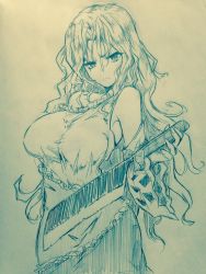 Rule 34 | &gt;:(, 1girl, bare shoulders, bow, breasts, cleaver, closed mouth, cowboy shot, detached sleeves, efukei, frown, hair between eyes, highres, holding, large breasts, long hair, long sleeves, looking at viewer, monochrome, sakata nemuno, sidelocks, skirt, solo, taut clothes, touhou, traditional media, v-shaped eyebrows, wide sleeves