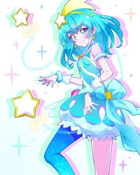 Rule 34 | 1girl, blue eyes, blue hair, blue legwear, blush, bow, bracelet, breasts, closed mouth, cure milky, earrings, from side, hair bow, hair ornament, highres, jewelry, kyoutsuugengo, long hair, pointy ears, precure, puffy shorts, see-through, see-through sleeves, short shorts, short sleeves, shorts, single leg pantyhose, small breasts, smile, solo, standing, star (symbol), star earrings, star hair ornament, star twinkle precure, white background, yellow bow